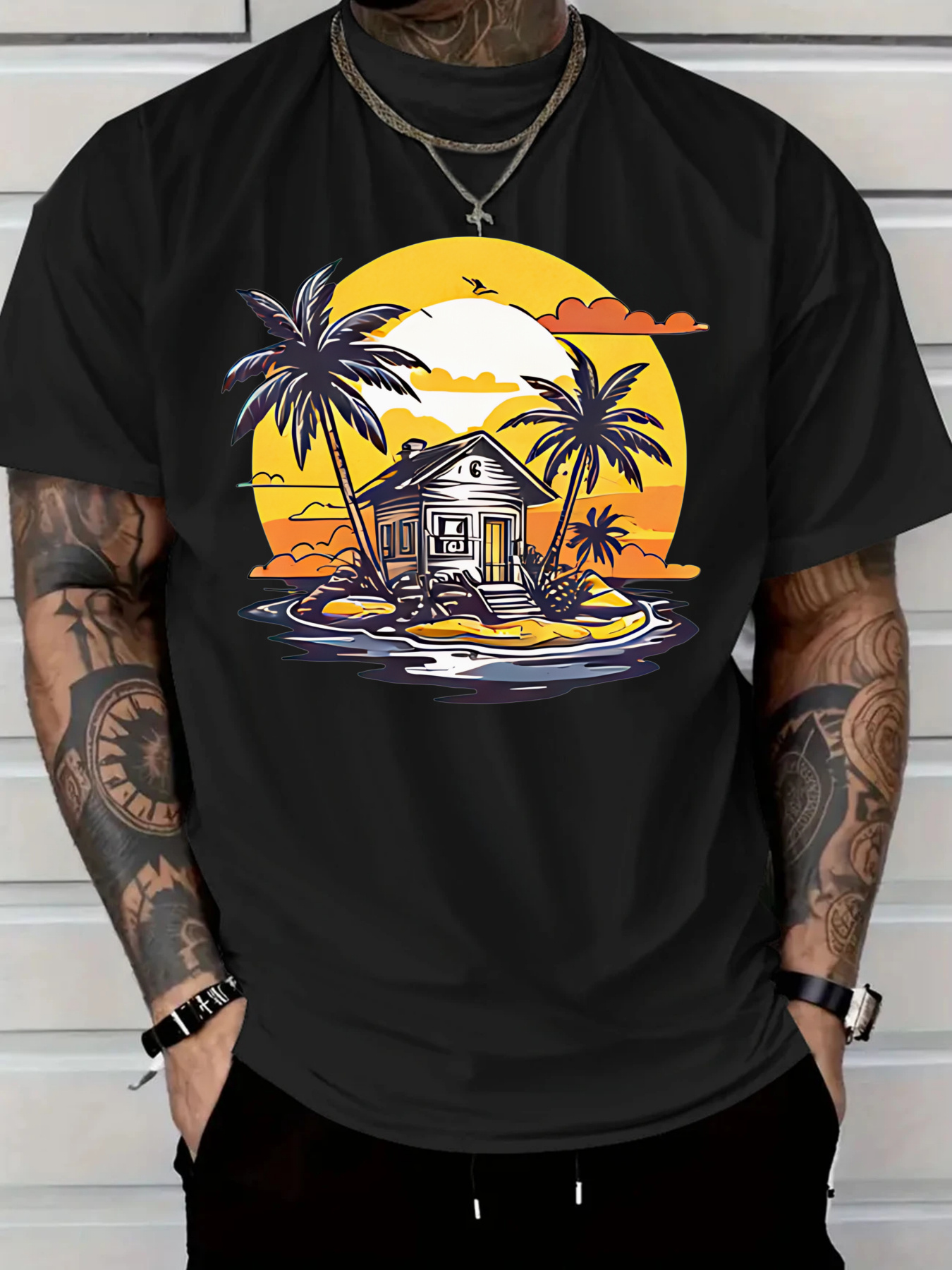 Tee Graphic Print - Men'S Cotton Casual T-Shirt Tropical Sunset