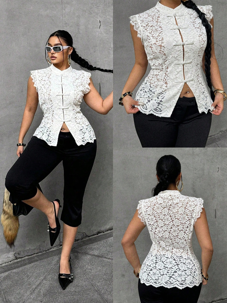 Shirt Camp Collar - Plus Size Elegant Lace Blouse, Mandarin