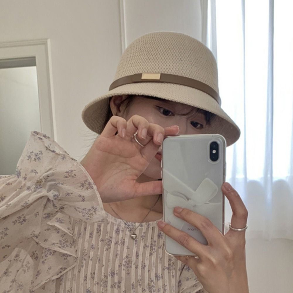 Bucket Hat Straw - Korean PU Leather Belt Women Sunscreen