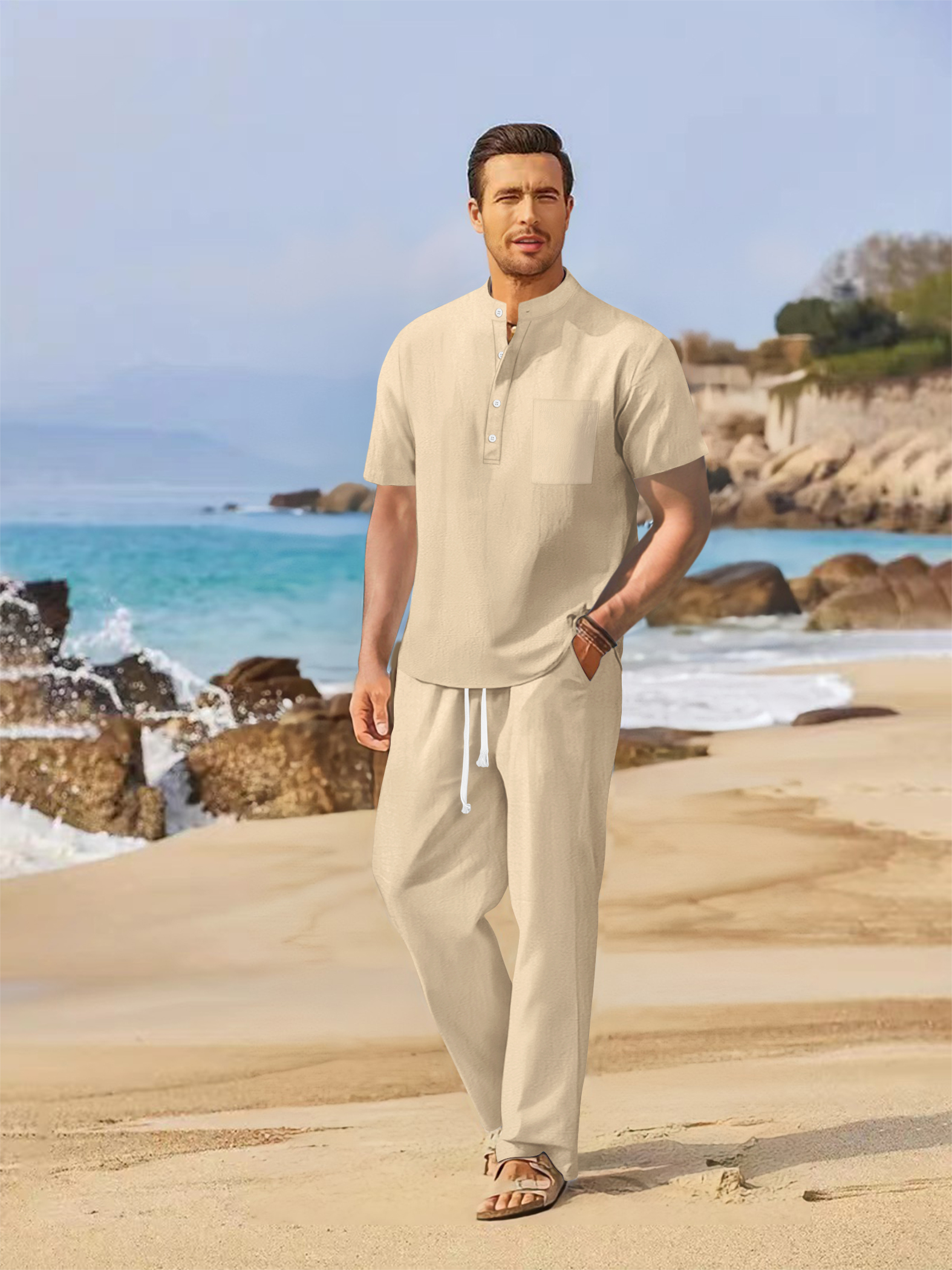 Short Linen Drawstring - Summer men's cotton and linen set