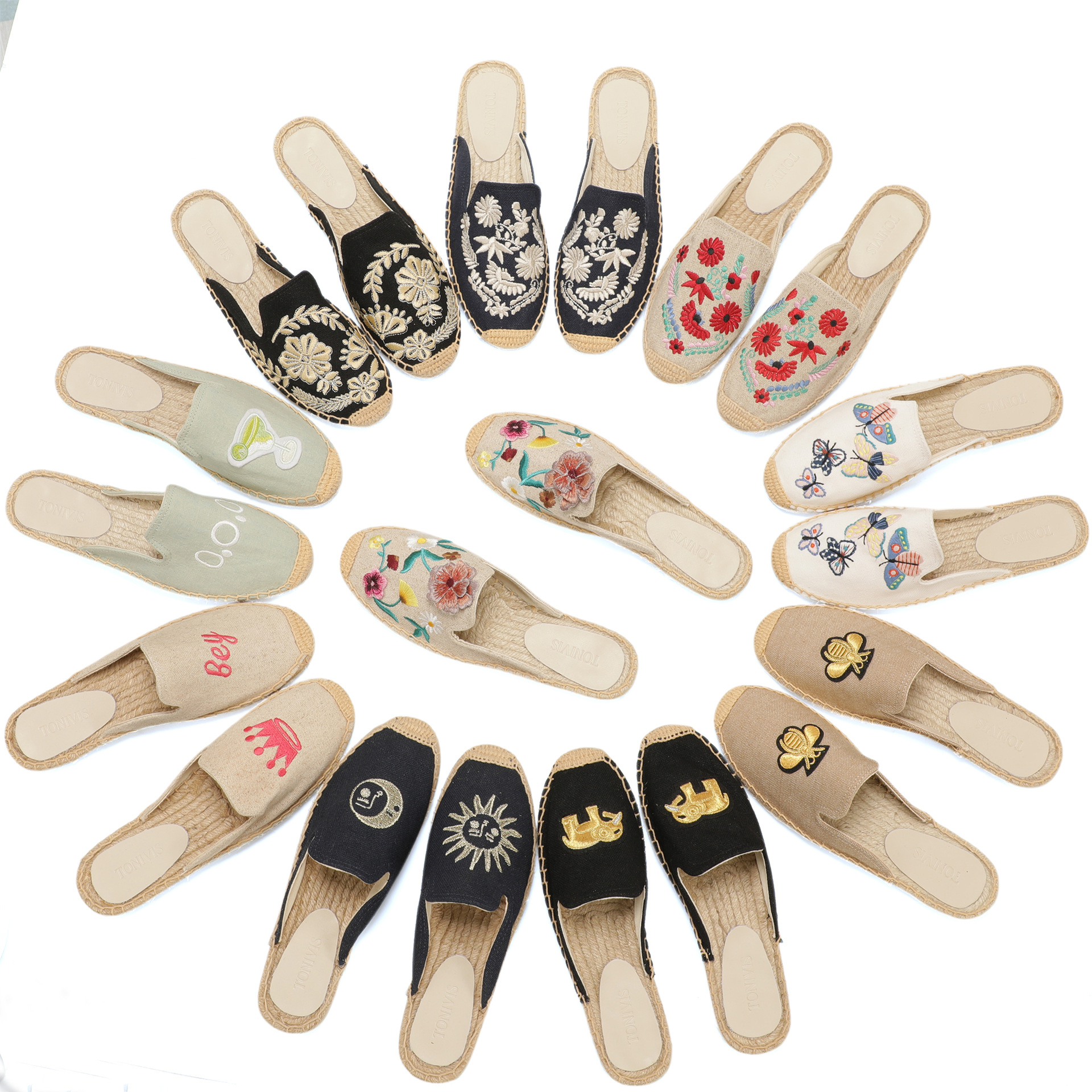 Espadrille Slip On - Women Floral Embroidered Espadrilles Slippers Linen