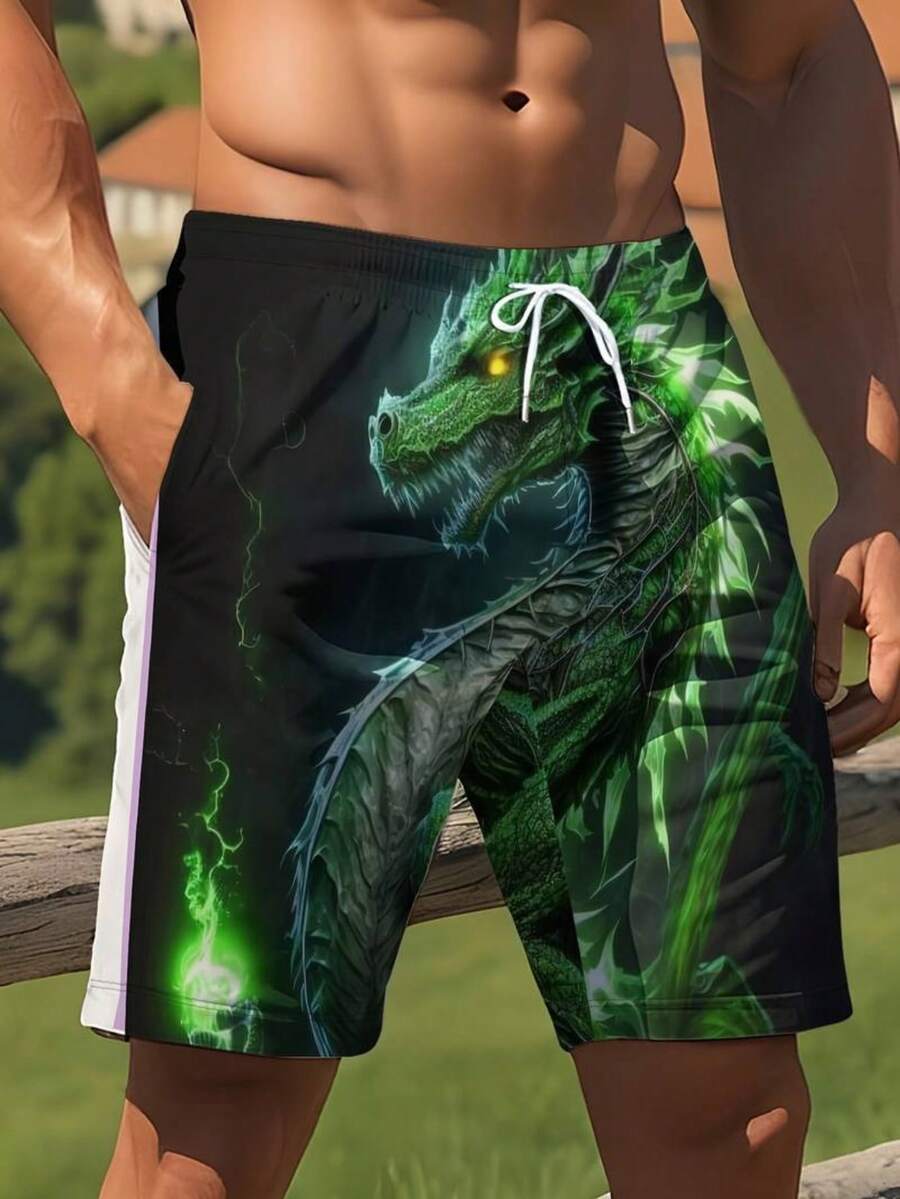 Swim Trunk Quick Dry - Mens Dragon Print Drawstring Waist Knee