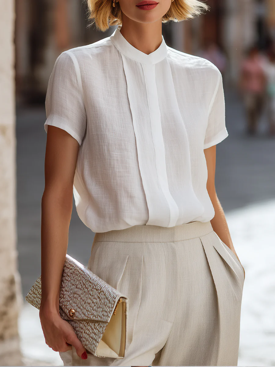 Shirt Camp Collar - Women's Short Sleeve Pleated Front Blouse