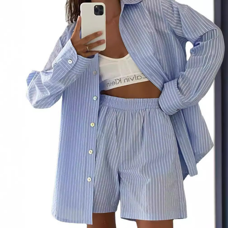 Women Striped Print Two Piece  – Linen Shirt Breathable Bewertung und Preis