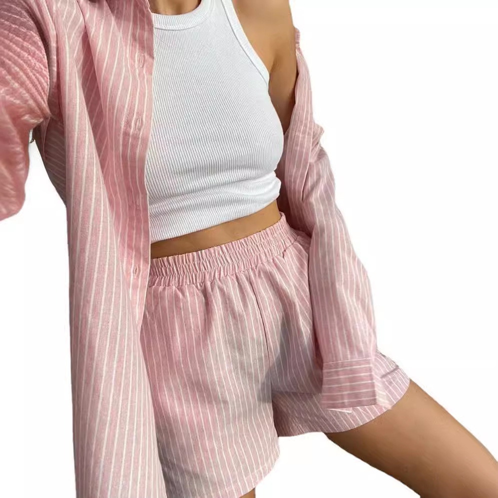 Women Striped Print Two Piece  – Linen Shirt Breathable Bewertung und Preis