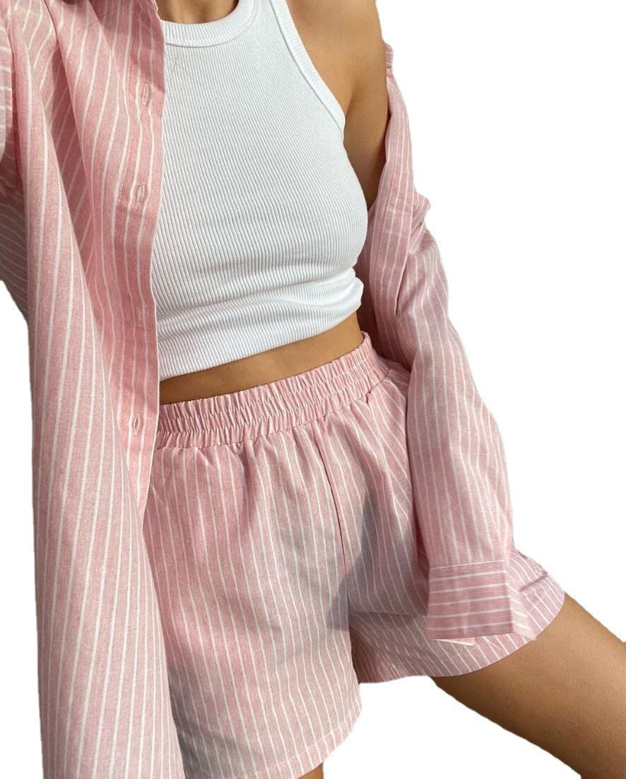 Women Striped Print Two Piece  – Linen Shirt Breathable Bewertung und Preis